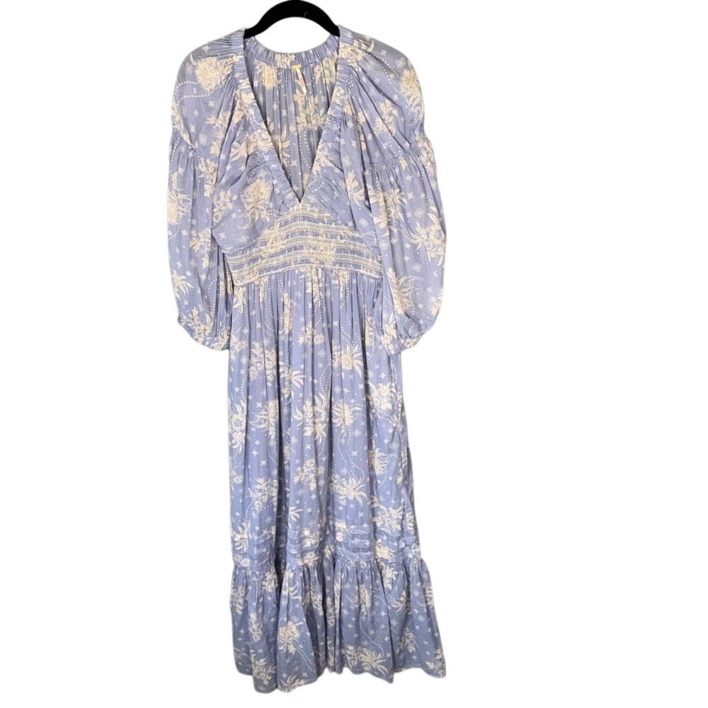 Free People Wisteria Bouquet Floral Print Maxi Dress Smocked Waist‎ Size S EUC